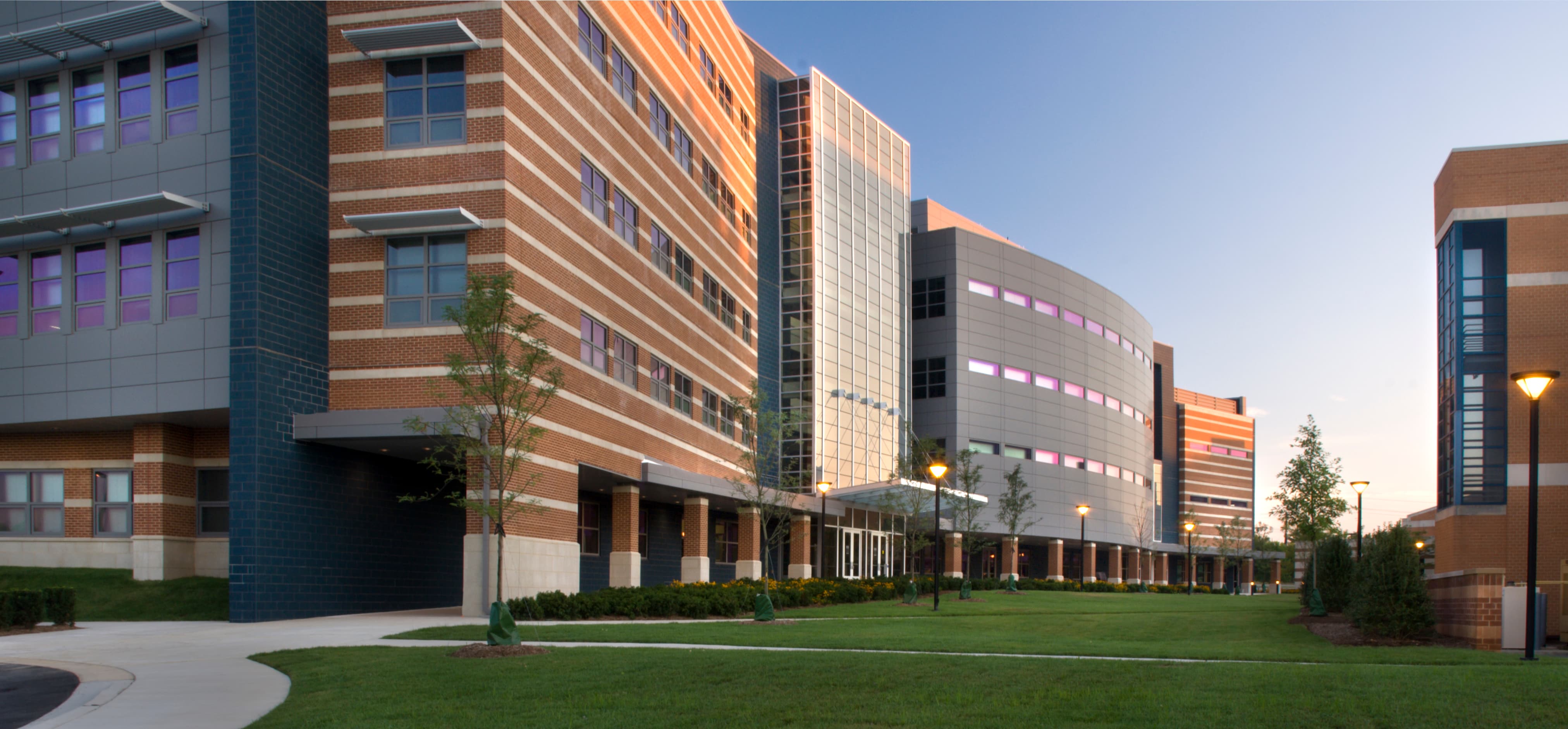 Brick and glass buildings on the Shady Grove campus