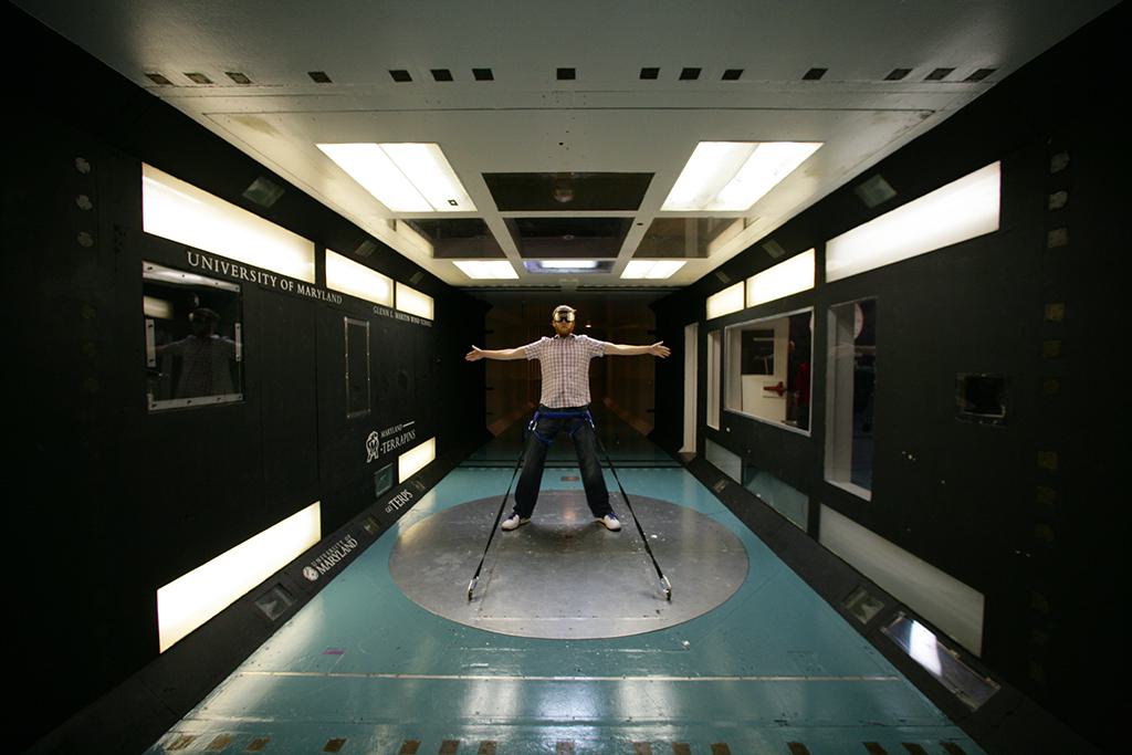 Person standing in wind tunnel