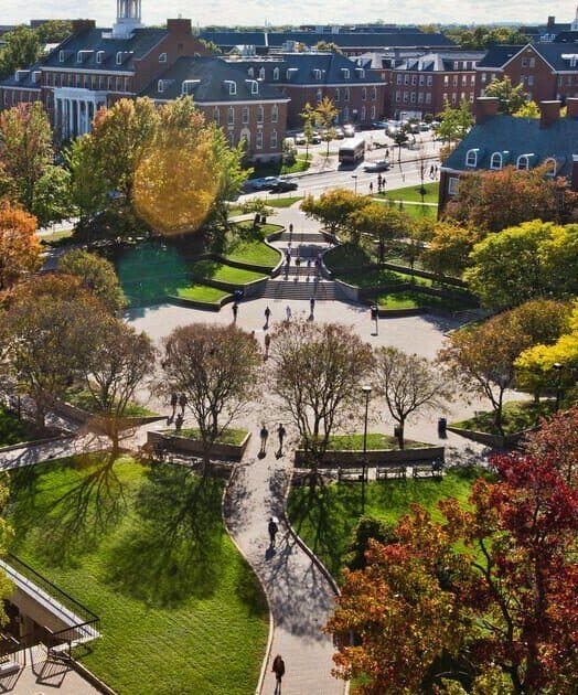 Aerial view of Hornbake Plaza and Frederick Douglass Square from the roof of Hornbake Library with students walking and fall foliage.