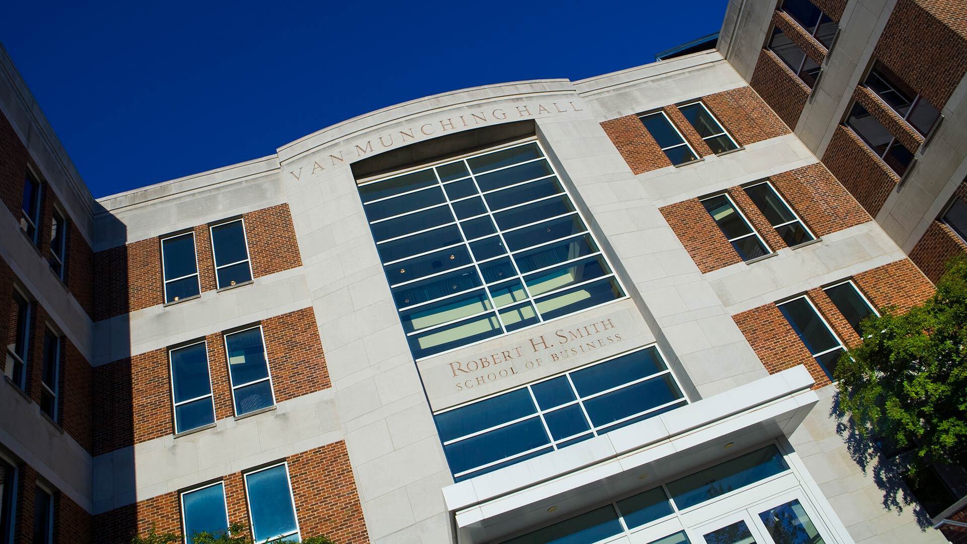 Tilted photo of the Van Munching Building main entrance