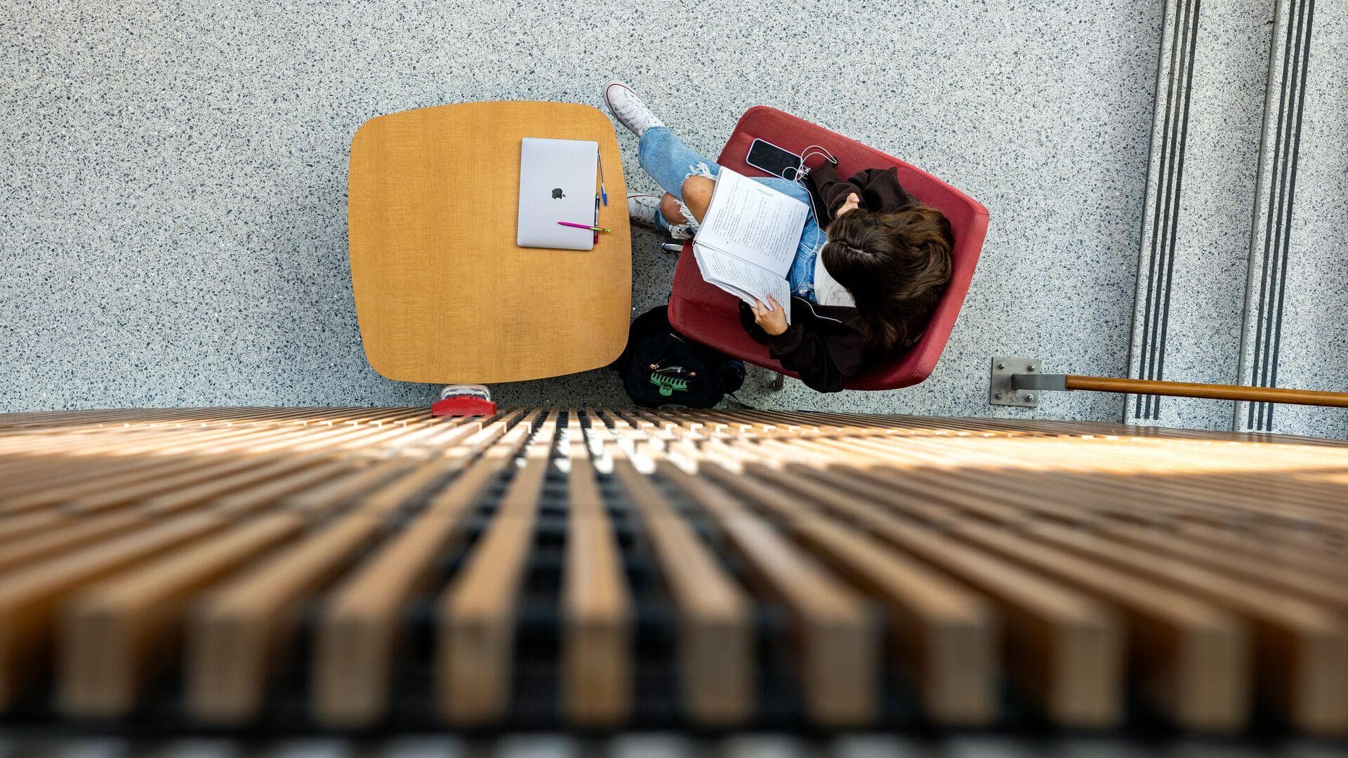 View from above of student studying